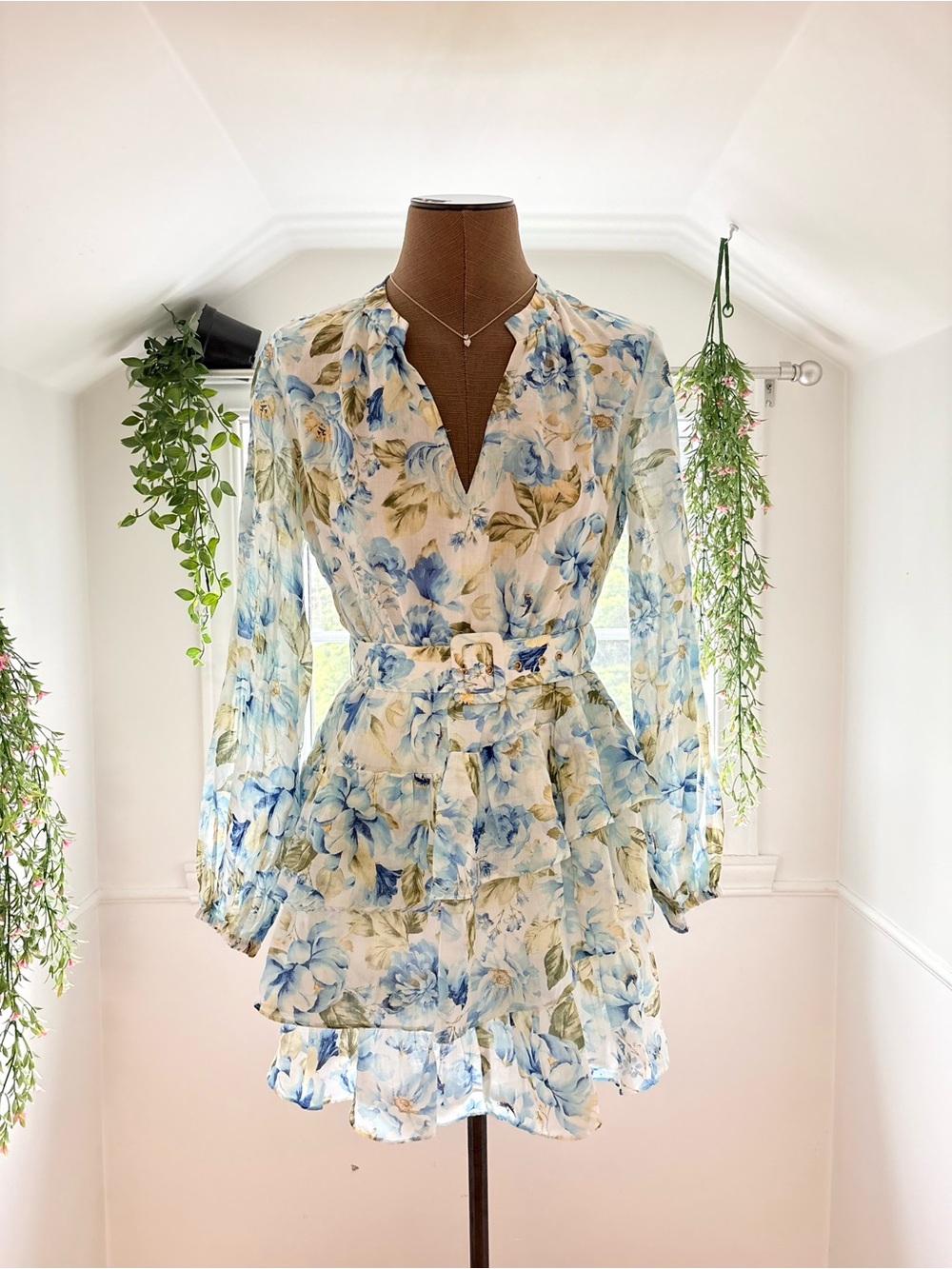 Ever New Blue & Cream Floral Midi Dress with Belt